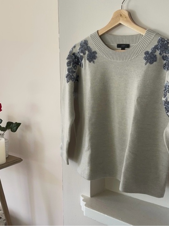 J. Crew Sweaters - J. CREW Gray Crewneck Sweater Merino Wool with Floral Sequin Embellishment